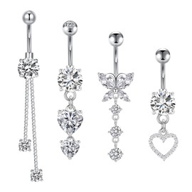 Briana Williams14g Belly Button Ring Belly Button Piercing Belly Rings for Women Surgical Steel Heart Chain Dangle Belly Navel Rings Piercing Jewelry Silver 10mm