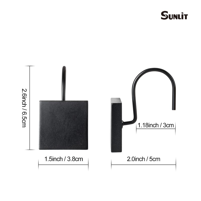 Sunlit Geometric Decorative Shower Curtain Hooks, Matte Square Geometric Black