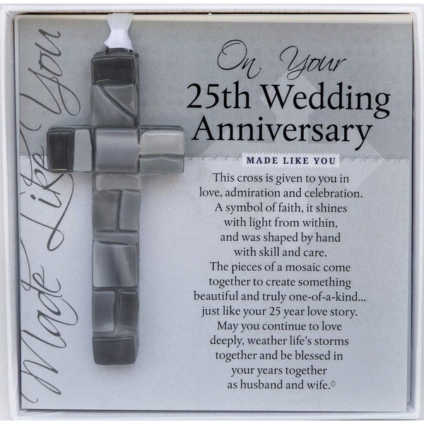 The Grandparent Gift Co. Handmade Glass Cross with 25th Wedding Anniversary Wishes