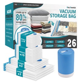 Vacuum Storage Bags with Electric Pump, 26 Pack (3 Jumbo/3 Large/10 Medium/10 Small) Vacuum Seal Space Saver Bags for Clothing, Pillows, Blanket, Bedding, Comforters