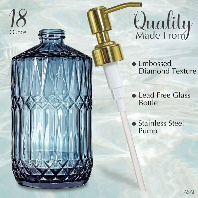 JASAI 18Oz Blue Glass Soap Dispenser with Golden Pump, Refillable