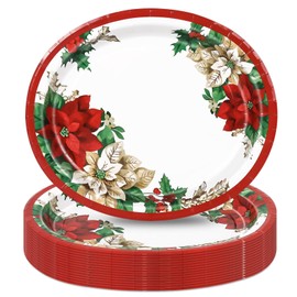 JarThenaAMCS 50Pcs Christmas Floral Oval Paper Plates Poinsettia Flower Holly Disposable Plates 9 Inch Xmas Tableware Plates for Wedding Holiday Party Decor Supplies