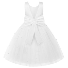 Uhnice Flower Girl Dress Satin V-Back Ball Gown for Wedding Party with Bowknot (White, 140cm /7-8T)