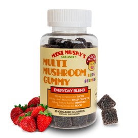 Mini Mushy's Organic Everyday Support Gummies | Turkey Tail, Reishi, Lions Mane, Cordyceps Mushrooms | for Kids Aged 2+ Natural Color, Allergy Friendly, Low Sugar | Strawberry Flavor - 30 Count
