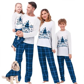 Awoscut Christmas Family Matching Pajamas Sets Christmas PJ's Letter Print Top and Plaid Pants Jammies Sleepwear (#b-7, Mom, L)