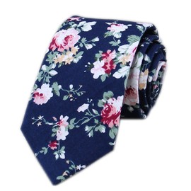 Secdtie Men's Skinny Tie Fashion Causal Cotton Floral Printed Linen Necktie (One Size, Navy blue)