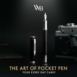 Wordsworth and Black Fountain Pen Mini EDC: Luxury Black Heavy Pocket Pen, Chrome Finish, Medium Nib, 6 Ink Cartridges, Ink Converter, Travel Refillable Writing Pen Gift Set, Men & Women