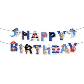 Ocean Animal Shark Crab Infauna Happy Birthday Banner Decorated With Sailing Ship Steering Wheel Coin For Boy kids Pirate Sea Adventure Treasure Birthday Party Celebration Decorations