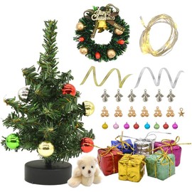 iLAND Dollhouse Accessories, Luminous Mini Christmas Tree with Lights Set, Table Christmas Decoration, Fits Elf on The Side & Fairy Door in 1/12 Scale