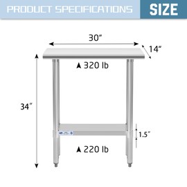 Hally Stainless Steel Table for Prep & Work 14 x 30 Inches, NSF Commercial Heavy Duty Table with Undershelf and Galvanized Legs for Restaurant, Home and Hotel