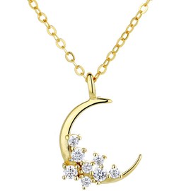NicoWerk SKE753 Women's Silver Necklace Moon Made of 925 Sterling Silver Filigree Unusual Playful Smooth with Stone Shiny Gold-Plated Round Semicircle, Stone Sterling silver stone