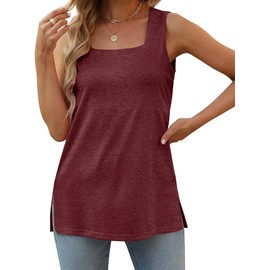 Aokosor Tank Top Women's Summer Square Neck Sleeveless T-Shirt Loose Basic Tops with Side Slit, Red-brown