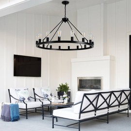 JTYP 40" Black Wagon Wheel Chandelier,E26 16-Light Large Round Rustic Farmhouse Chandelier Industrial Pendant Light Fixtures for Dining Room Living Room Kitchen Island Entryway Foyer