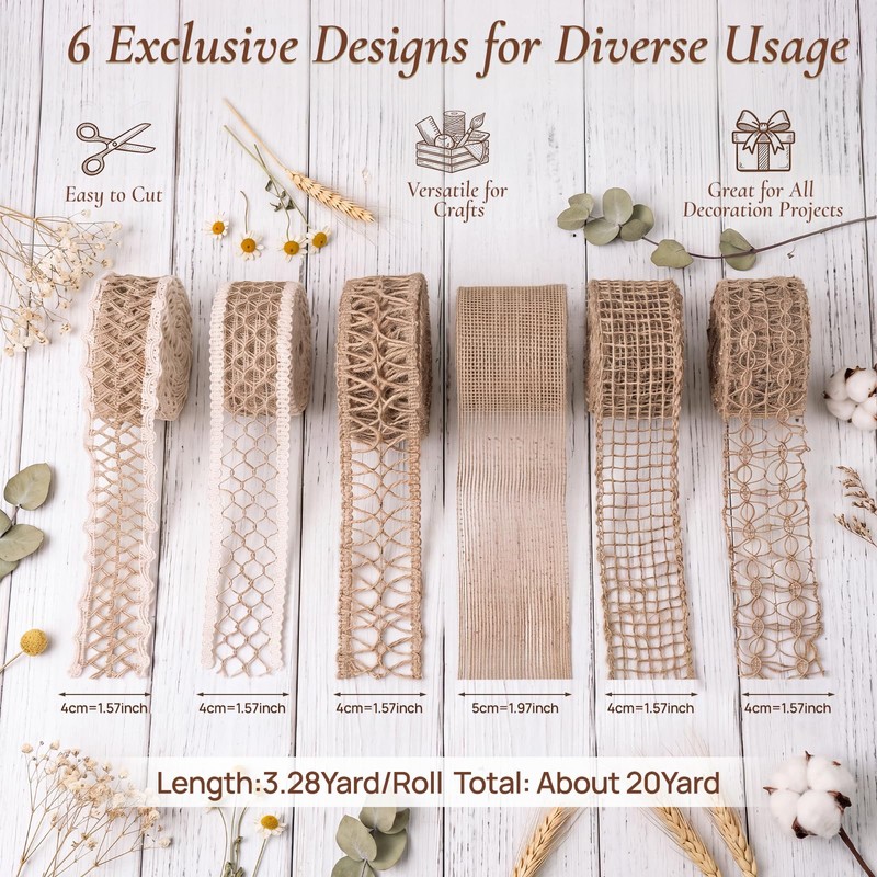 6 Rolls Wired Burlap Ribbon, Natural Jute Mesh Lace Ribbon