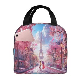 Pink Eiffel Tower Lunch Box Romantic Paris Insulated Lunch Bag for Kids Women Men Reusable Cooler Cherry Blossoms Tote Bag with Front Pocket for Girls Boys Students School Picnic Travel Office