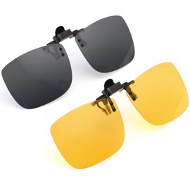Polarized Clip-on Flip Up Metal Clip Rimless Sunglasses, Lightweight, Large Oversized, Set of 2 PCS (Black + Yellow)