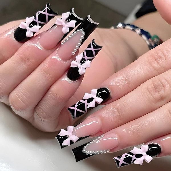 VIVABOMS Press On Nails Black French Stiletto with Bow &