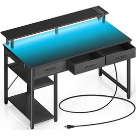 Rolanstar Computer Desk with Power Outlets & LED Light, 39 inch Home Office Desk with 3 Drawers and Storage Shelves, Writing Desk with Monitor Stand, Modern Work Desk for Home Office, Carbon Black