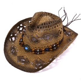 Straw Cowboy Cowgirl Hat for Men Women Wide Brim Hollow Breathable Sun Hat with Pearl Trim Band Western Style for Outdoor Beach Travel (Khaki)