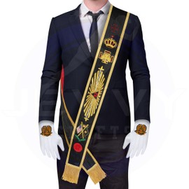 Masonic Scottish Rite 32nd Degree Rose Croix Shoulder Sash – Hand Embroidered Bullion Wire Sash (Left to Right) with Free Leather Case and Large Embroidered Gloves