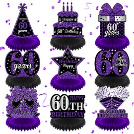 RUMIA 9-Piece Purple 60th Birthday Honeycomb Centerpieces, Unisex Party Supplies for Table Decor