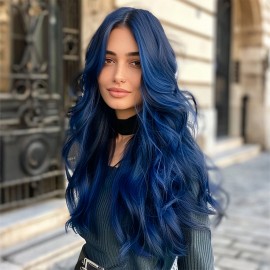 Smilco Wholesale Smilco Synthetic Lace Wig Transparent Lace Bob Wig Heat-resistant Fiber Synthetic Hair Perruque Synthetic Wig SM9846Length: 28 Inch, color: Blue, Stretched Length: 28"