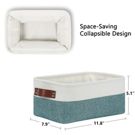 DULLEMELO Small Storage Bin,Small Fabric Rectangular Storage Basket for Shelves,Foldable Bin with Handles for Toy and Clothes Storage (White&Dark Green,1 PACK)