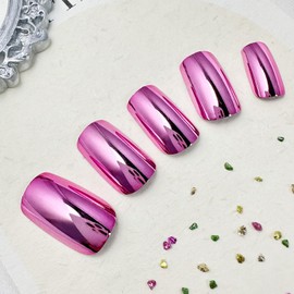 Chrome Press on Nails Medium Square Fake Nails Pink Metallic False Nails with Designs Holographic Glue on Nails Full Cover Acrylic Artificial Nails Glossy Stick on Nail for Women Nail Manicure