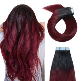 YILITE Dark Red Tape in Hair Extensions Human Hair 16inch 20Pcs Black to Red Ombre Tape in Hair Extensions Remy Human Hair 40g Skin Weft Straight Burgundy Tape in Extensions(16inches T1/99J)