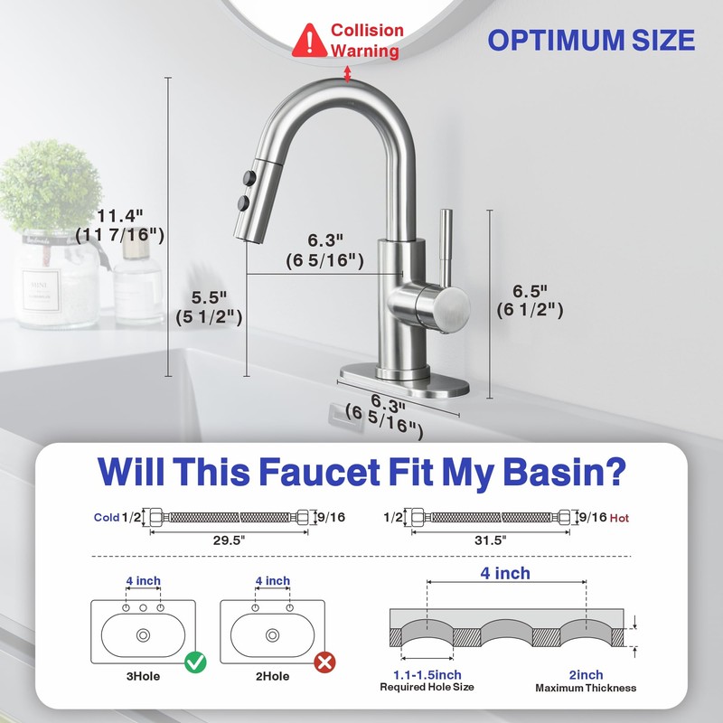 Kablle Bathroom Sink Faucet with Pull Down Sprayer, Brushed Nickel