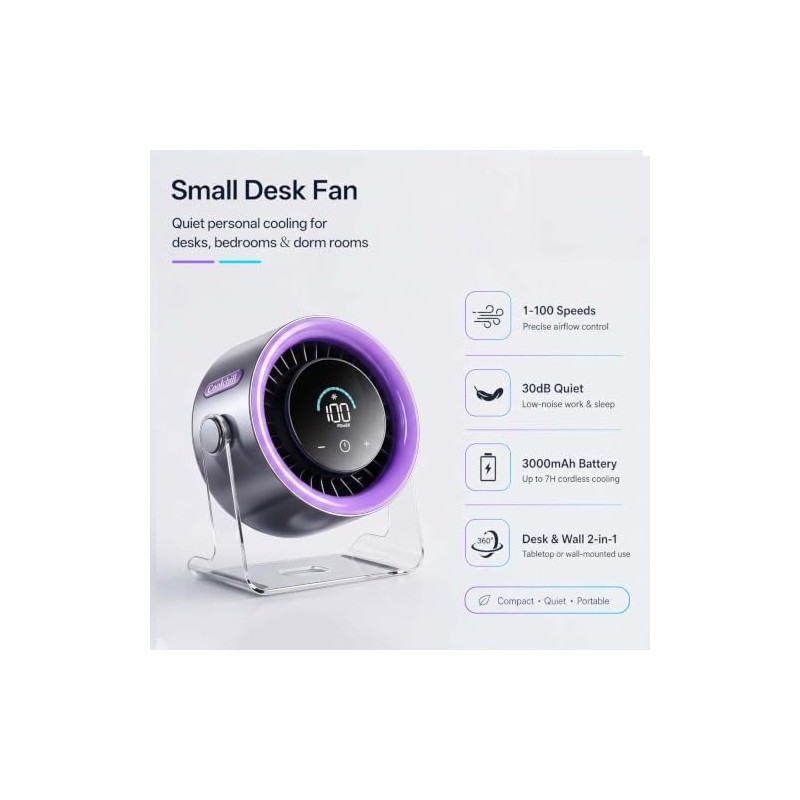 Coolhill USB Desk Fan: 100 Speeds & Turbo Airflow Portable