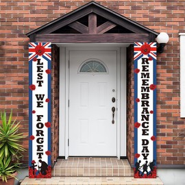 Remembrance Day Decorations Porch Banners – Lest We Forget Door Hanging Decor with Poppies & Soldier – Memorial Day & Poppy Day Outdoor Decoration for November 11 Armistice Tribute