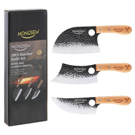 MONGSEW 3PCS Butcher Viking Knife Set, Hand Forged 7" Serbian Chef Knife, 7" Butcher Meat Cleaver, 6.5" Viking Knife (Smile Dog Pattern)