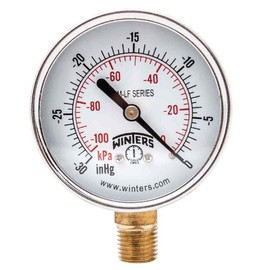 Winters 2-1/2 inch Dial Size, Economy Utility Pressure Gauge, Potable Brass Internals, Steel Case, Dual Scale 30 inch Hg-0 Vac/kPa, 3-2-3% Acc, 1/4 inch NPT Bottom, Drinking Water Vacuum Gauge