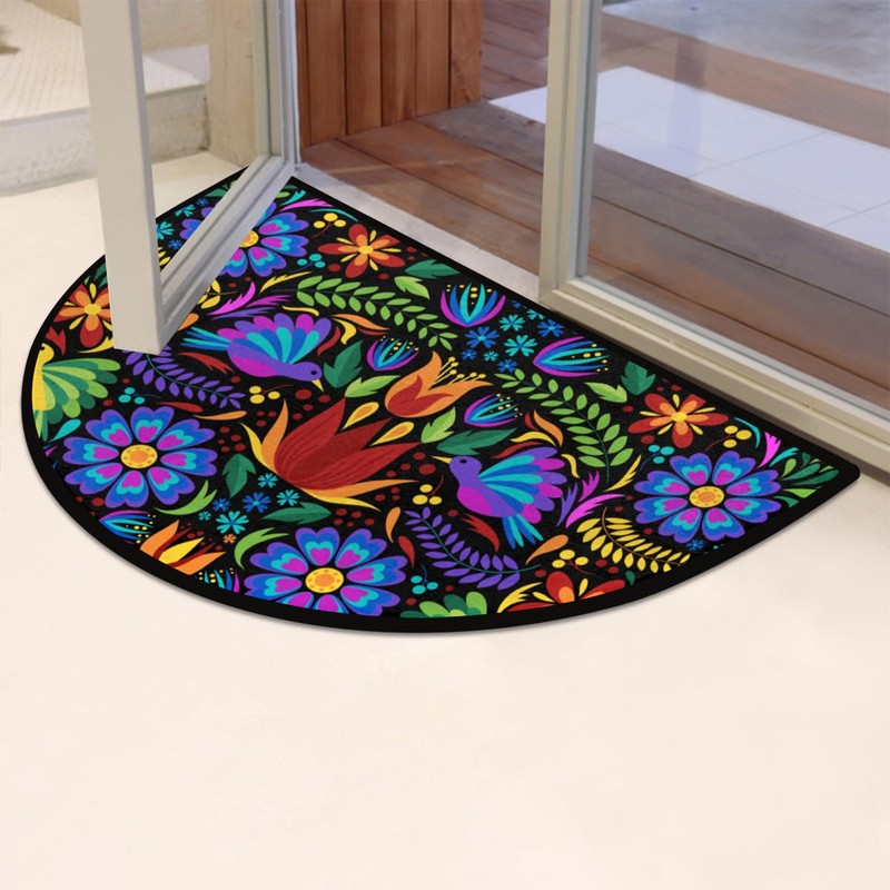 GISPOG Mexican Flowers Birds Half Round Door Mat,Indoor Entrance Rug,