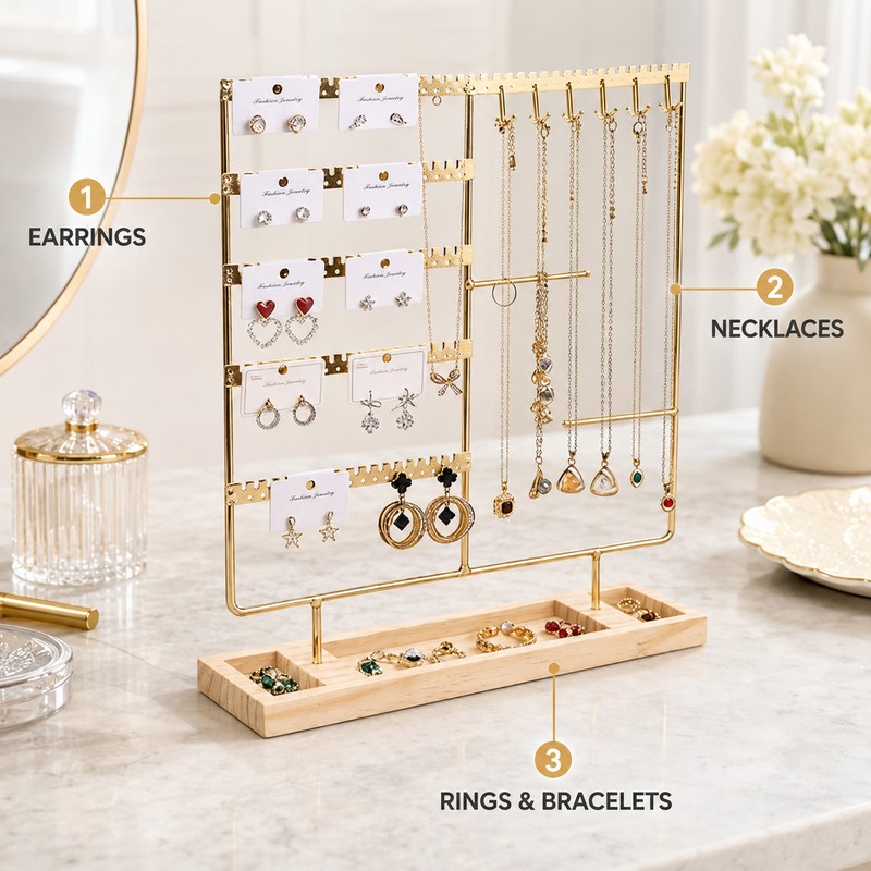 Metal Jewelry Organizer Stand with Wooden Tray, Multi-Tier Earring, Necklace,