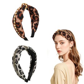 Leopard Headband - 2PCS Leopard Print Headband, Leopard Print Ears, Hair Accessories for Women, Animal Headband, Leopard Print Headbands with Bow Knot,Retro Rimmed Hair Accessories Diamond for Women