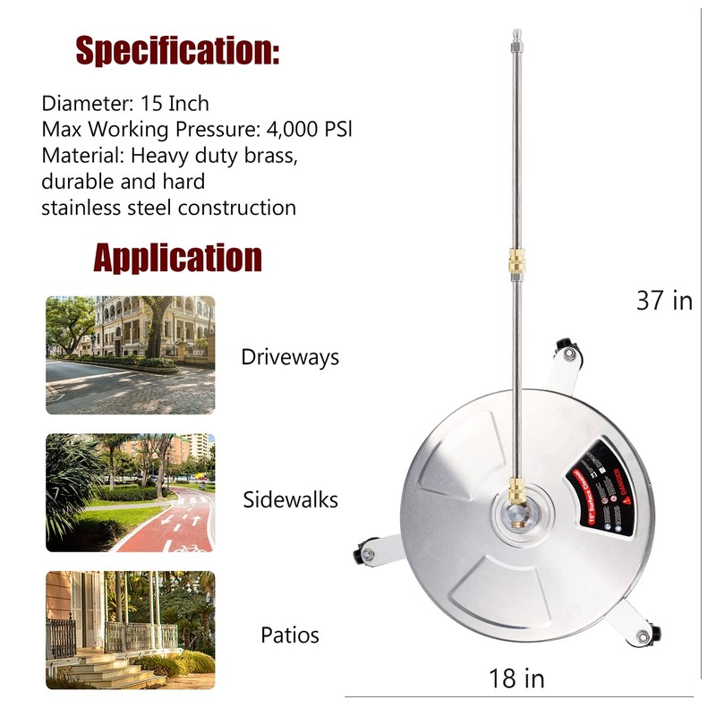 Biswing 15" Pressure Washer Stainless Steel Surface Cleaner with 3
