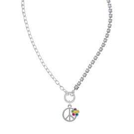 Delight Jewelry Silvertone Large Multicolored Daisy on Peace Sign Stronger Braver Smarter Mixed Cable and Imitation Pearl Chain Choker Necklace, 14.75-17"