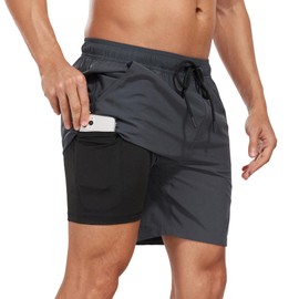 HANERDUN Men's Swim Shorts Swimming Trunks ‌Board Shorts 2-in-1 Compression Liner Beach Shorts with Zipper Pockets Grey