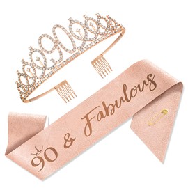 90th Birthday Decorations Sash & Tiara Set for Women,Rose Gold '90 & Fabulous' Rhinestone Crown & Sash,Elegant 90th Birthday Party Decorations