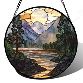 AMDERVEN Stained Glass Window Hanging, Sunset Mountains Lake Tree Sun Catcher for Window Home Decor Landscape Suncatcher Mother's Day Birthday Gifts for Women Men Mom and Nana 9.8 in