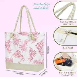 BELLOWDEER Beach Bags for Women, Wet Bag Cosmetic Bag, Pool Waterproof Shoulder Tote Bags, Pocket Zipper Summer Travel Essentials, Gifts for Women Birthday - Pink Palm Leaves (2-Piece Set)