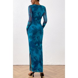 PRETTYGARDEN Women's Bodycon Maxi Dress Fall Spring Fashion Long Sleeve Floral Print Tight Fitted Party Club Ruched Dresses (Print Blue Green,Small)