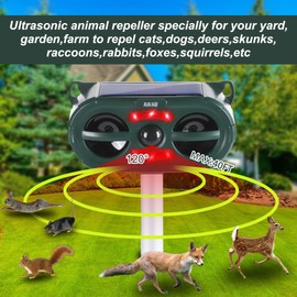 Solar Ultrasonic Animal Repellent Outdoor, Waterproof with Motion Activated Deterrent Repel Deer Cat Dog Bird Rabbit Squirrels Raccoon Skunk Coyote Deterrent with LED Flash Lights for Garden Yard Farm