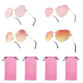 4 Pairs of Small Pink Round Hippie Glasses, Retro Fashionable Heart-Shaped Metal Glasses with Fabric Bag, Pink Amusing Round Glasses, Colour Gradient in Rose Gold Glasses, Round and Heart Glasses for