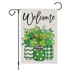 Louise Maelys St Patrick's Day Garden Flag Shamrock Clover Gnome Green Hat Welcomne 12x18 Inch Double Sided Small Burlap Saint Patricks Spring Holiday Yard Outdoor Flag House Decor (Only Flag)