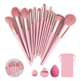 Ohtomber 13 Piezas Brochas Maquillaje Y 3 Esponja Para Maquillaje Rosa 16psc Kit De Brochas Maquillaje Profesional Brocha Vibradora