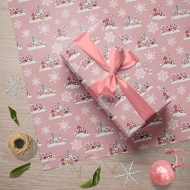 GIOLAINY Pink Christmas Wrapping Paper for Girls Women Kids - Holiday Gift Wrap with Winter Houses & Snowflakes - 4 Sheets (28 x 40 inches), Easy to Store