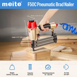 meite F50C Pneumatic Brad Nailer with Safety Nose, Air 18 Gauge Brad Nailer Small Finish Nail Gun for Trim Work, Fires 18 Gauge Brad Nails 5/8 Inch to 2 Inch